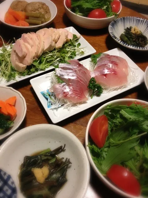 Snapdishの料理写真:メバル刺身、塩麹鶏ハム、蕨生姜醤油和え、水菜サラダ|raku_darさん