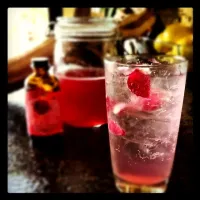 Rose infused Rhubarb Syrup with sparkling water