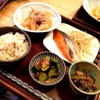 Snapdishの料理写真:鶏肉と大根の煮物、酢の物、ごぼうとシラスの佃煮、焼鮭|nonn_wdbさん