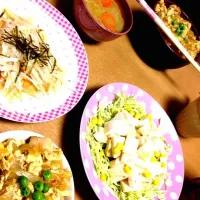 親子丼と豆腐サラダ、大根サラダ、味噌汁|なまずさん