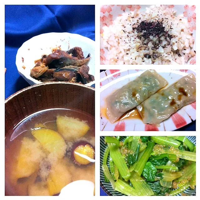 小松菜の柚子胡椒風味、蒸し棒餃子、ゆかりご飯、ニシン、さつま芋のお味噌汁|yoshiee mizutaniさん