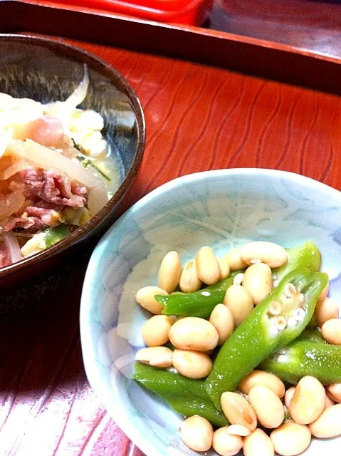 豚とじ丼・オクラと大豆のお浸し|reiさん