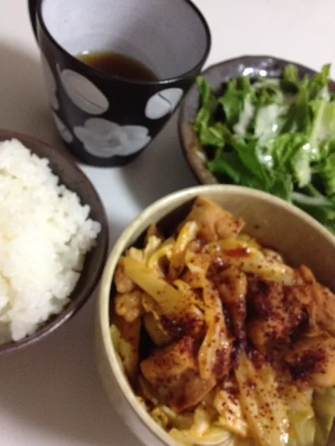 鳥肉とキャベツのピリ辛赤から炒め(｡-_-｡)|りんごさん