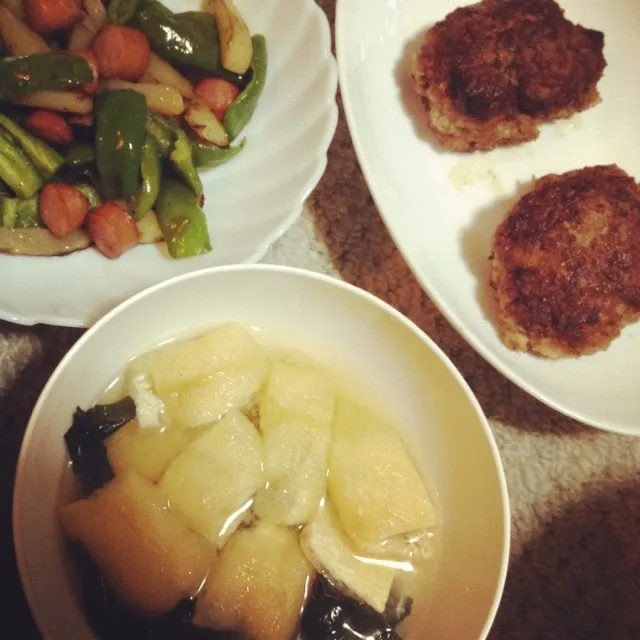 昨日のおゆはん、ハンバーグと野菜炒めと味噌汁|瑞江シキさん