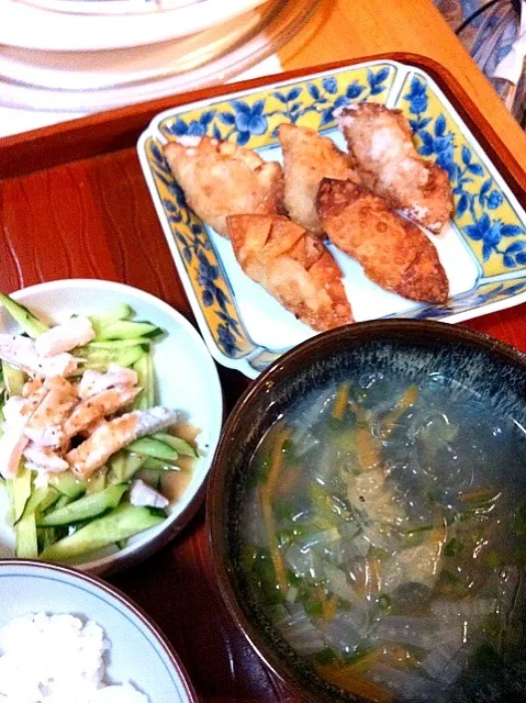 ツナと玉ねぎ&かにかまチーズの揚げ餃子・棒々鶏(？)・春雨スープ|reiさん