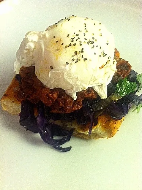 Snapdishの料理写真:POACHED EGG w/ CHORIZO PICKLED CABBAGE AND JALAPENO|GREG ARNOLDさん