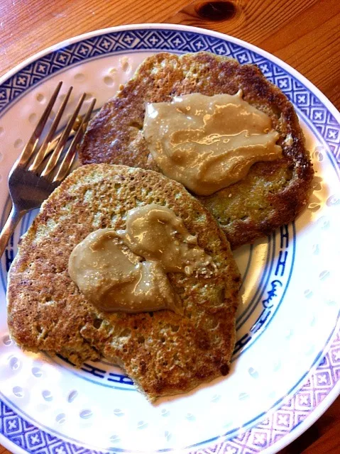 Snapdishの料理写真:Vegan Pancakes made with oat flour (gluten free)  and sunflower butter topping|Megumi Rubensteinさん