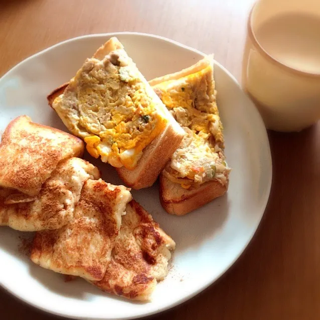 Snapdishの料理写真:昨日の切り干しダイコン入り玉子焼きのせトーストと豆乳のフレンチトースト シナモンたっぷり|mikochieさん