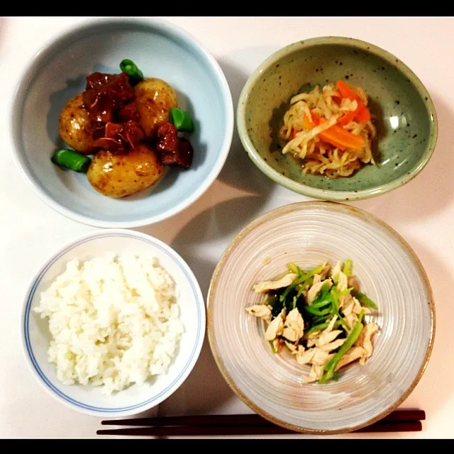 お料理教室♡新じゃがいもと豚肉の照り煮＊ささみとみつばのわさび酢あえ＊切り干し大根の煮物|gumicoさん