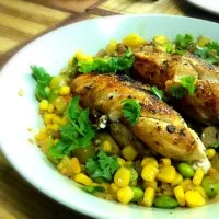 Snapdishの料理写真:Grilled Chicken With potato, carrots, corn, mushrooms and endamame|haze romawacさん