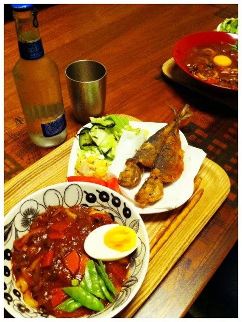 カレーうどん、あじのからあげ、残りものサラダ|二宮みさきさん