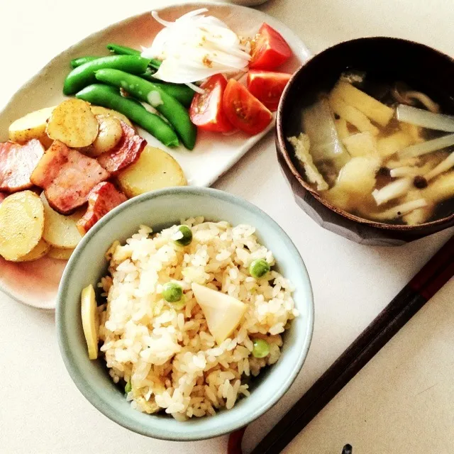 タケノコごはんと野菜の定食|みっちぃさん