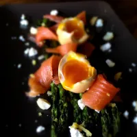 Snapdishの料理写真:House Cured Local Salmon, Grilled Asparagus, Soy Infued Soft Boiled Jidori-Egg, etc...