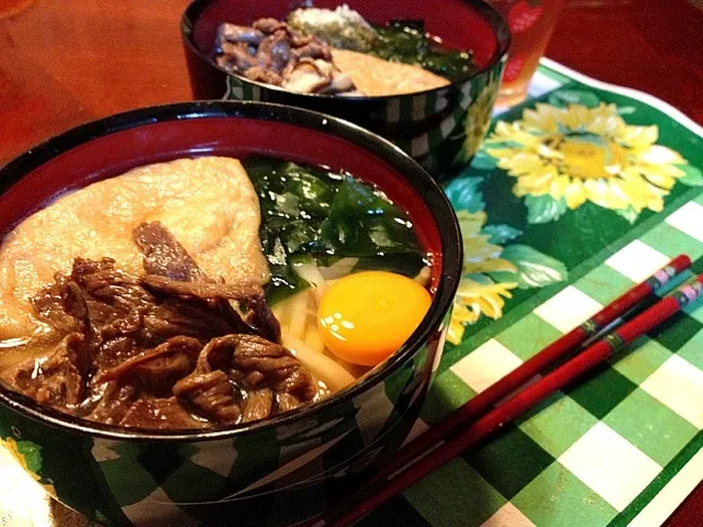 ♡肉＆あげ＆月見＆椎茸うどん♡|ゆ♡き♡えさん