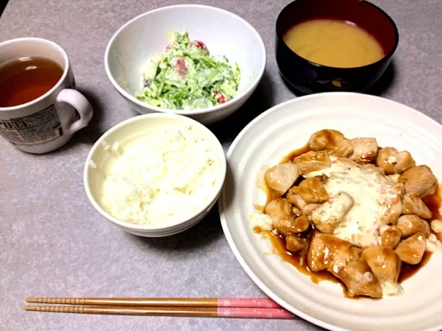 鶏照り•サラダ•味噌汁|うるしちかさん