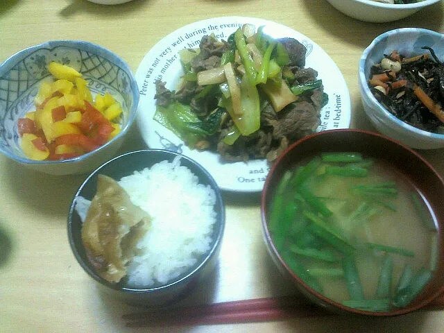 昨日の晩ごはん 牛肉のオイスターソース炒め パプリカのピクルス ひじきと大豆の煮物 ニラと豆腐のお味噌汁 ご飯+餃子|Nozomi Kitadeさん