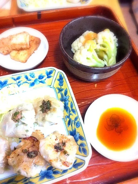 ニラ饅頭・カリフラワー(酢味噌)・厚揚げの生姜醤油焼き|reiさん