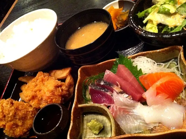 今日の西新橋居酒屋ランチ 日替り チキンカツと刺身定食850円|Toshiyukiさん