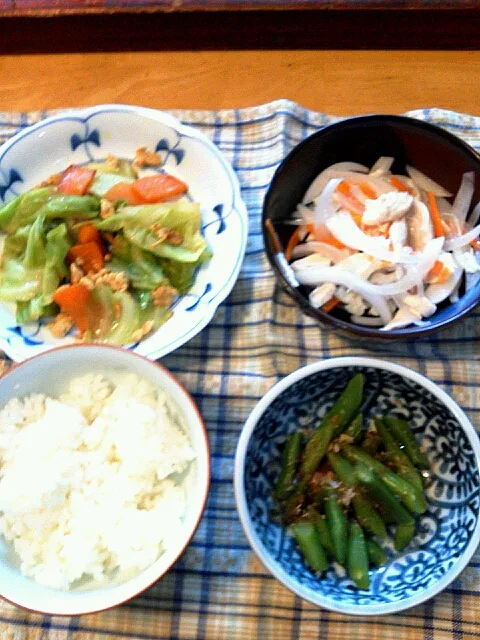 【透析食】蒸し鶏のマリネ・キャベツのカレー風味ソテー・さやいんげんのおひたし|ゆみりんさん