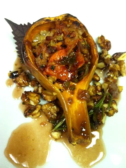 MINIATURE BUTTERNUT SQUASH STUFFED WITH BACON ANCHOVIE RAGU w/ JALAPENO HONEY SAUCE|GREG ARNOLDさん