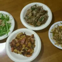 Snapdishの料理写真:豚肉の大葉もやし巻き＊じゃがボールとウインナー炒め＊竹の子とゴボウのきんぴら＊水菜とツナのサラダ|さかいかおりさん