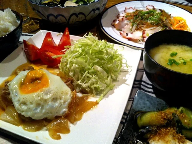 豚の生姜焼き  サラダ  タコ刺し  野菜の塩麹漬け  カブの味噌汁|高田恵子さん