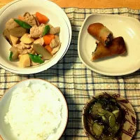 【透析食】いり鶏・野菜春巻・きゅうりとワカメの酢の物|ゆみりんさん