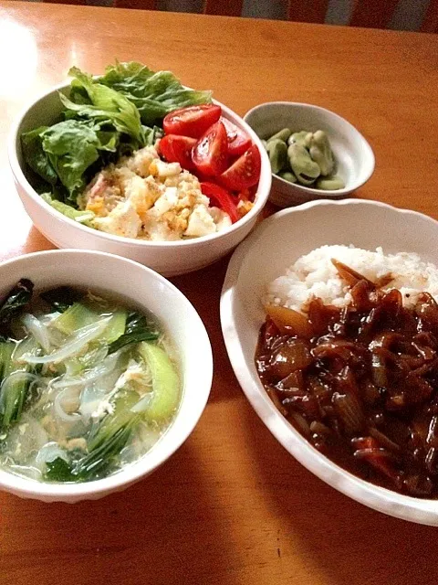 カレーライス ポテサラ タマネギと青梗菜スープ そら豆塩茹で(^^)|りんさん