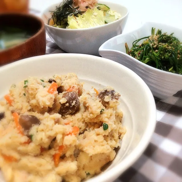 卯の花の炒り煮・おかひじきの胡麻しそ和え・和風サラスパ・玉ねぎとほうれん草の味噌汁|kie3さん