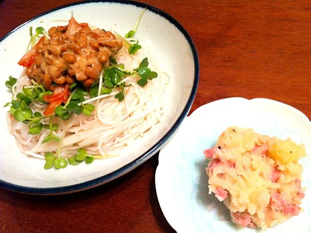 先日の夕飯、ポテサラとキムチ納豆麺|Ayayaさん