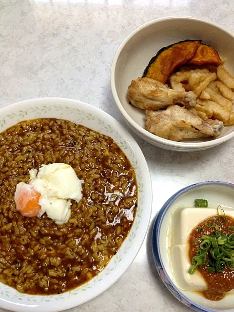 昨日のカレーでカレーリゾット！温泉卵失敗の巻ヽ(´o｀；|かまさん