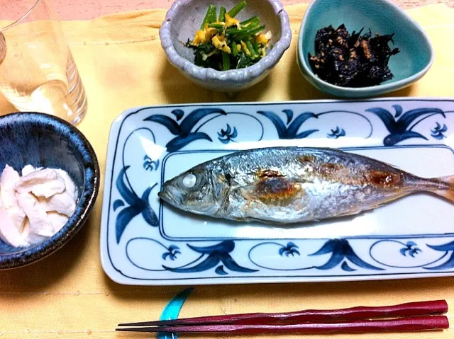 🐟アジ塩焼  ほうれん草卵とじ  あらめ煮  おぼろ豆腐|かずさん