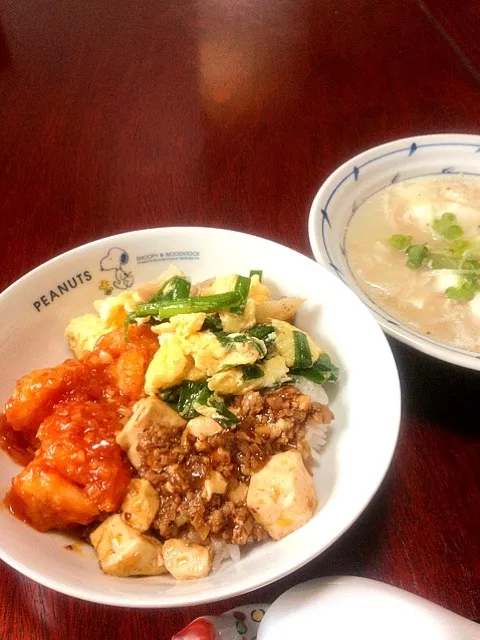 海老チリ 麻婆  ニラ玉 丼・とろとろ豆腐のスープ|かっぴーさん