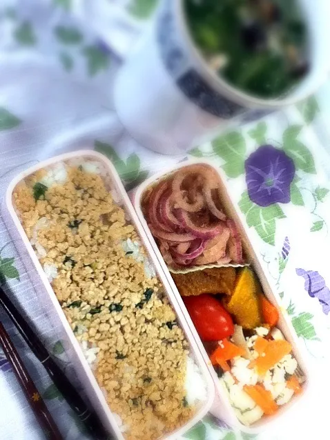 今日のOL弁当。しょうがご醤油で作った鶏そぼろ美味しい♪|hoppycowさん