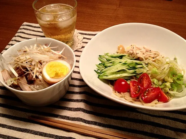 おうちにあったもので冷やし中華&昨日来客時に作ったチャーシューでチャーシュー丼&実家特製梅酒ソーダ割♡|hanakohaさん