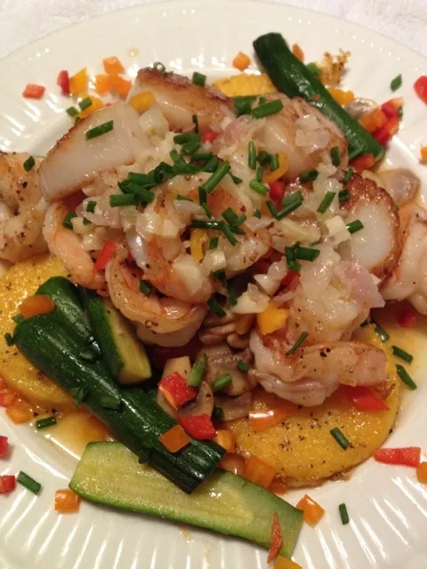 Shrimp & Scallop Scampi over Fried Polenta Cakes|john dicintiさん