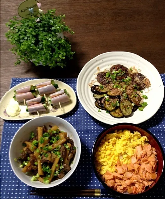 鮭と卵のそぼろ丼、蓮根と牛肉の炒め煮、茄子と椎茸のおかかポン酢、きゅうりハム巻|pentarouさん