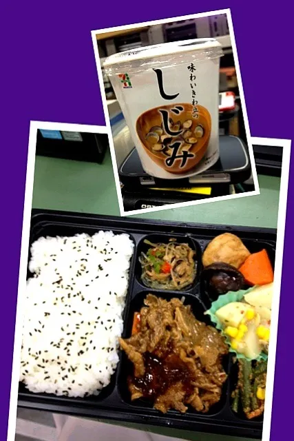 Snapdishの料理写真:日替り弁当 牛肉炒めおろしダレ・芋あさり炒め＆しじみの味噌汁|maroさん