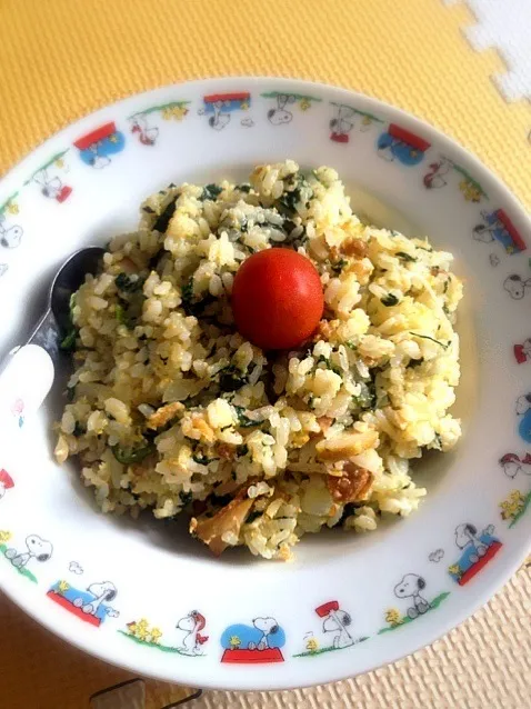 my  boy lunch menu tday... cheese with spinach chicken fried rice|nofalindaさん