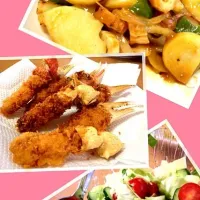 Snapdishの料理写真:カニのフライ、ジャガイモのカレー炒め、青じそ風味サラダ|romiさん