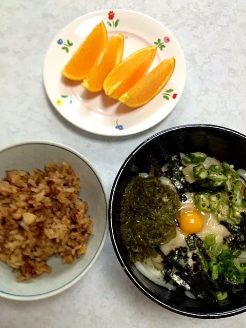 お昼ご飯、たこ飯  ネバネバうどん(冷)|かまさん