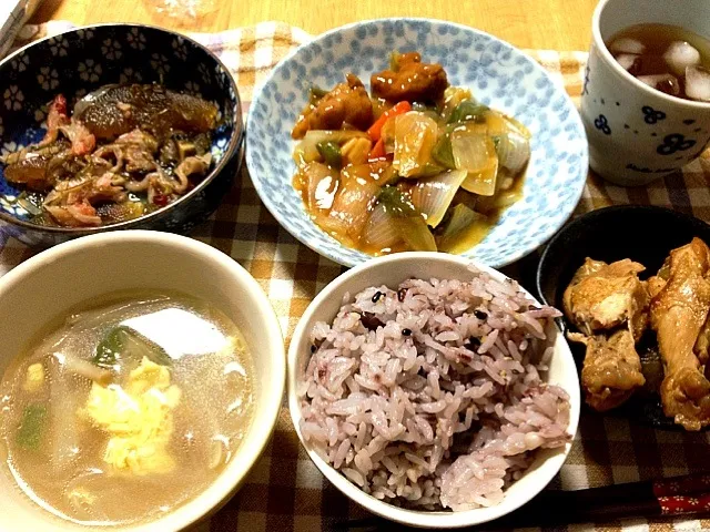 十五穀米 春雨スープ 酢豚 手羽元  松前漬|あつんさん