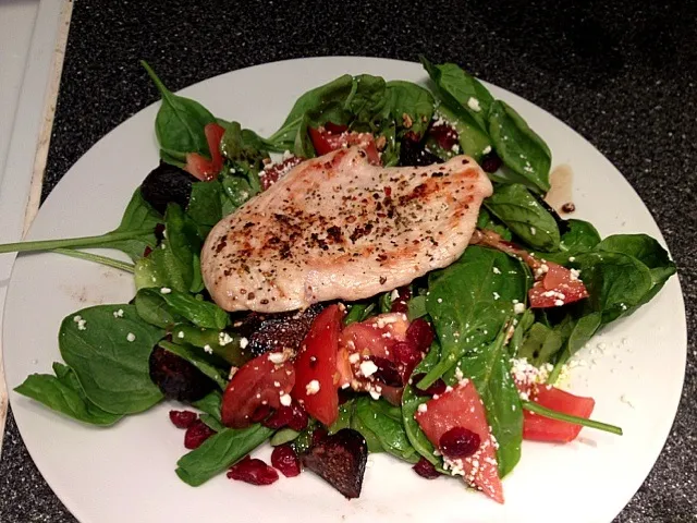 Spinach salad with dried cranberries, figs, feta and chicken|angela giannopoulosさん