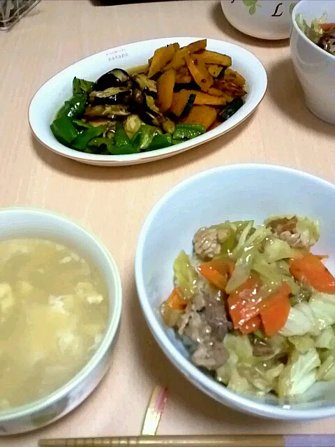 あんかけ野菜炒め丼&茄子とカボチャの焼きびたし&卵スープ|ゆうさん