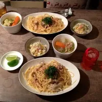 Snapdishの料理写真:明太子とキノコのパスタ、新玉ねぎと塩麹のポトフ、コールスロー|askunさん