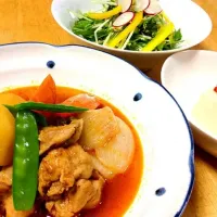 韓国風 鶏肉じゃが 水菜の塩ごま油 冷奴のキムチのせ