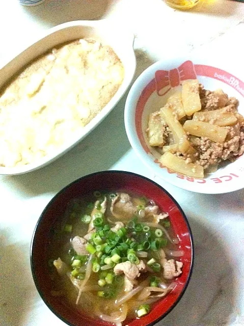 豚肉ともやしのゴマ味噌スープ☆大根と挽肉と生姜煮☆山芋鉄板|ハナエさん