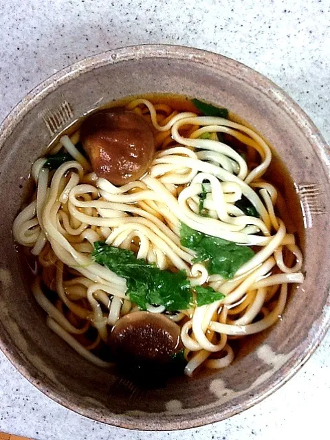 Snapdishの料理写真:Udon in yuzu kosho broth with spinach, mitsuba and shitake|Kirsten Adachiさん