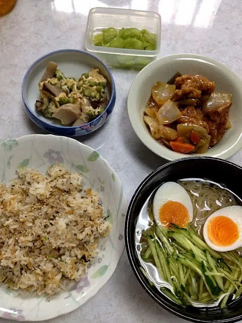 冷麺とじゃこ青菜炒飯と、残り物たち！|かまさん