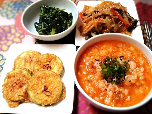 韓ブランチ（김치죽,오뎅볶음,호박전,시금치나물)|마도카さん